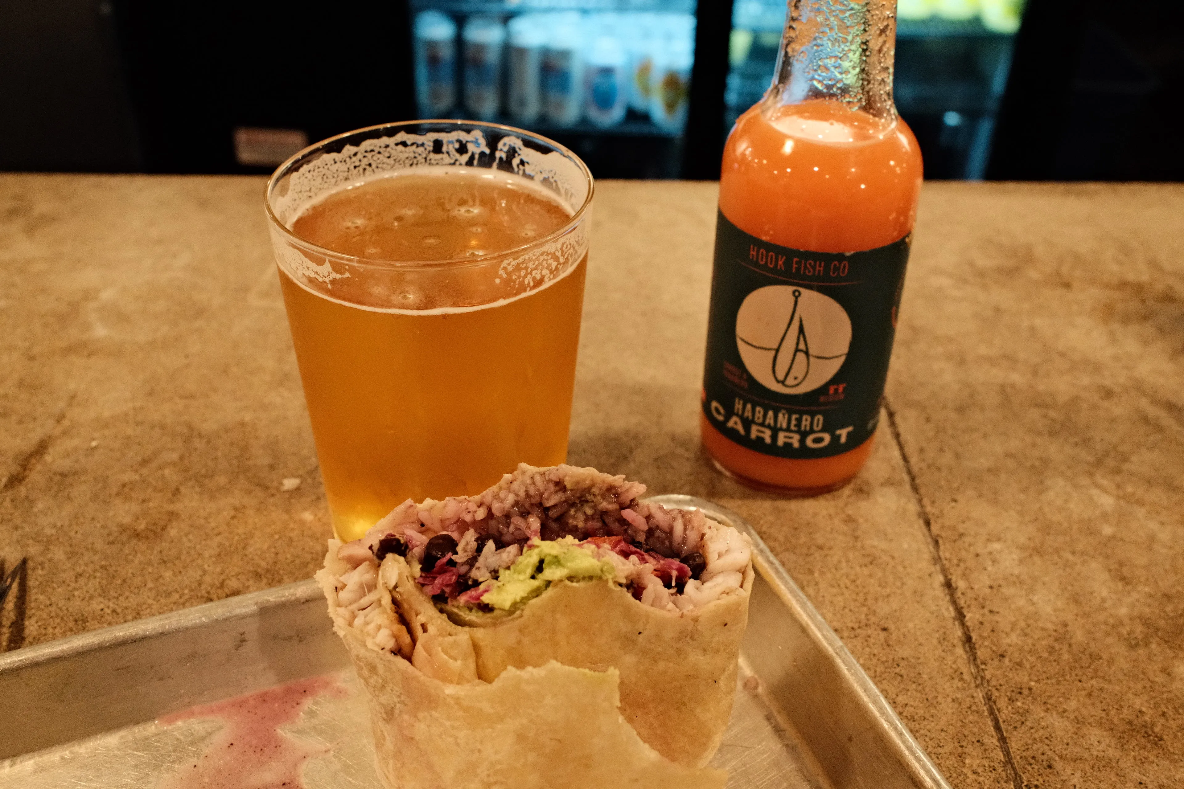 Burrito and beer at Hookfish