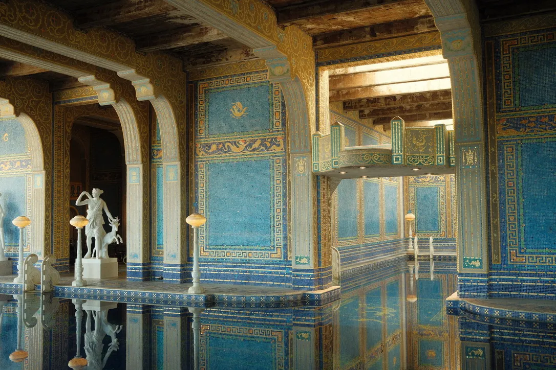 Roman Pool interior with blue and gold mosaics